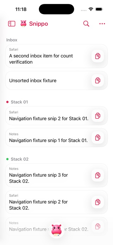 Snippo on iPhone showing a library of saved snippets